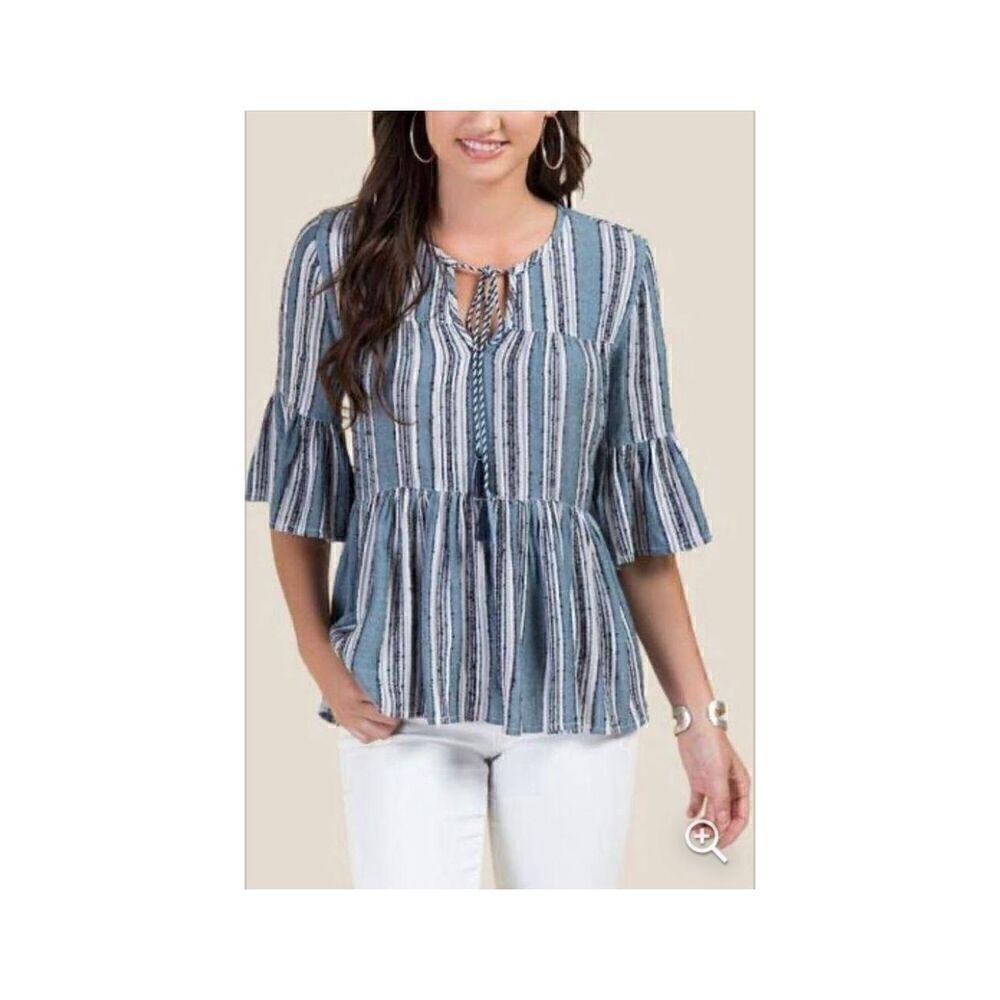 FRANCESCA’S BLUE RAIN Sierra Blue Striped Peplum Blouse Size S
